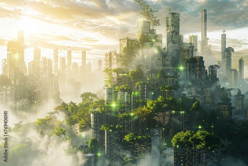 Scene of a futuristic city symbolizing the integration of digital economy and green technology with a focus on sustainable living