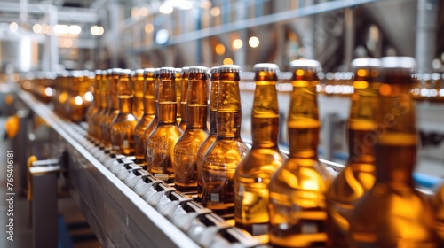 Beer bottling process on industrial production line with glass bottles.