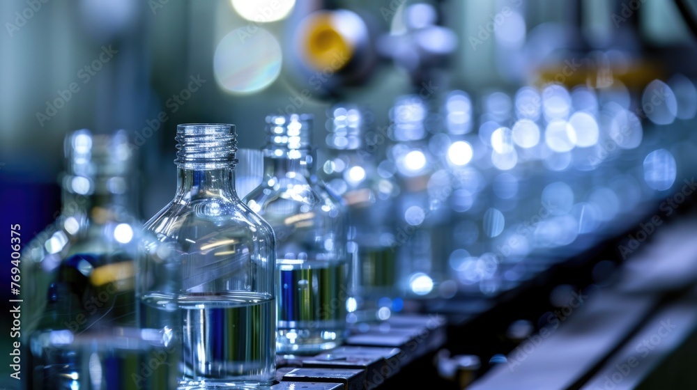 Transparent glass bottles on a production conveyor belt in a factory. Transparent glass bottles on a production conveyor belt in a factory.