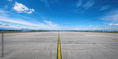 airport empty runway with many braking marks, markings for landings and all navigation lights on.