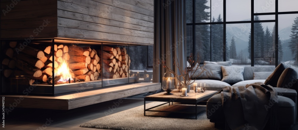 A cozy living room with hardwood flooring, a woodburning fireplace, and a comfortable couch. The interior design features a mix of rustic elements and modern style