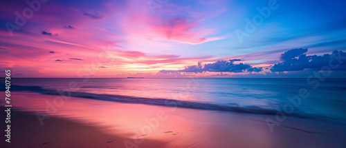 A tropical beach at sunrise, with the colors of the sky forming a splendid gradient of pinks and blues over the horizon, captured in high-definition to highlight its mesmerizing vibrancy. © M-T
