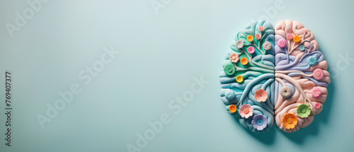 Artistic Brain Concept with Floral Patterns - Creativity and Mindfulness in Education, Health, and Wellness Banner with Ample Copy Space for Logos, Icons, Web Templates