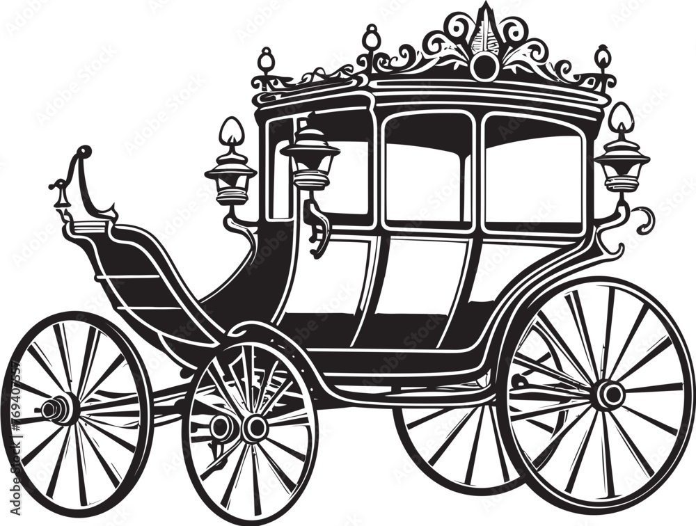 Regal Romance Chariot Ornate Emblem for Wedding Grace Luxurious Marriage Wheels Regal Carriage Black Vector