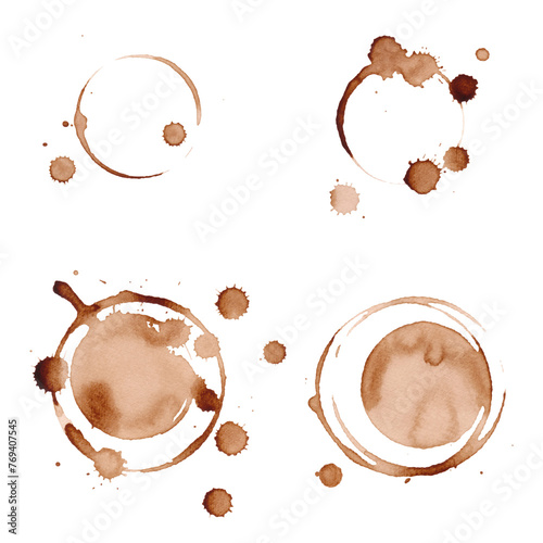 Coffee and tea stains from a cup with drops, splashes isolated on a white background, hand-drawn. Abstract coffee background with circles. A footprint, an imprint from a mug with a drink.  photo