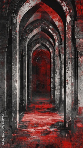 A long hallway with gothic arabesque arches and a red light glowing at the end, creating a mysterious atmosphere, background, wallpaper