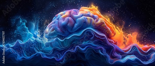 Illustrate the concept of neuroplasticity by showcasing a closeup of a brain receiving waves of information, capturing the essence of growth and adaptation, Rear view , vibrant color photo