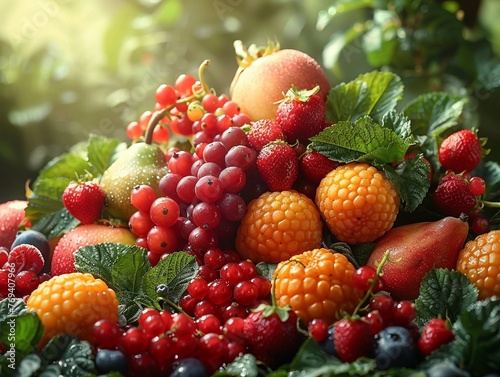 Imagine fruits through the lens of mythology, with a wormseye perspective Blend ancient legends with vibrant produce to create visually stunning and culturally rich designs, Wideangle view , 3D style photo