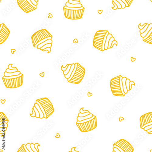 Seamless pattern with yellow cupcakes and hearts