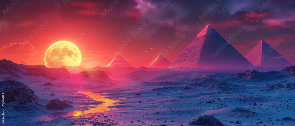 Neon phoenix in cyberpunk Egypt, low angle, rainbow flames, 3D pyramids at night , 3D render - obrazy, fototapety, plakaty 