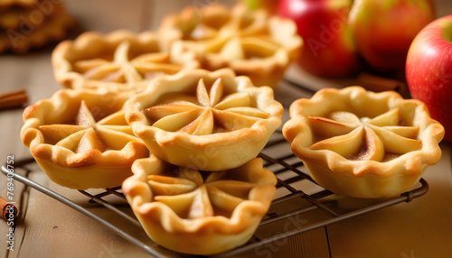 apple tartlets with a golden brown crust in the tray on a wooden background photo