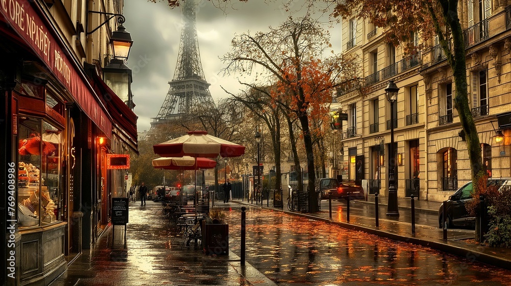 A Walking Street And Shop Window With The Eiffel Tower In The Backgrouind.