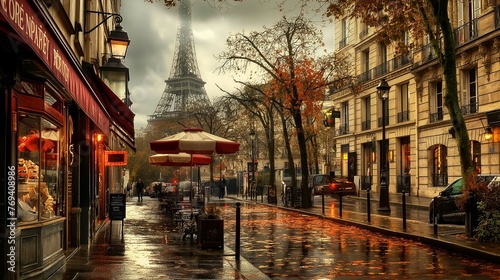 A Walking Street And Shop Window With The Eiffel Tower In The Backgrouind. photo