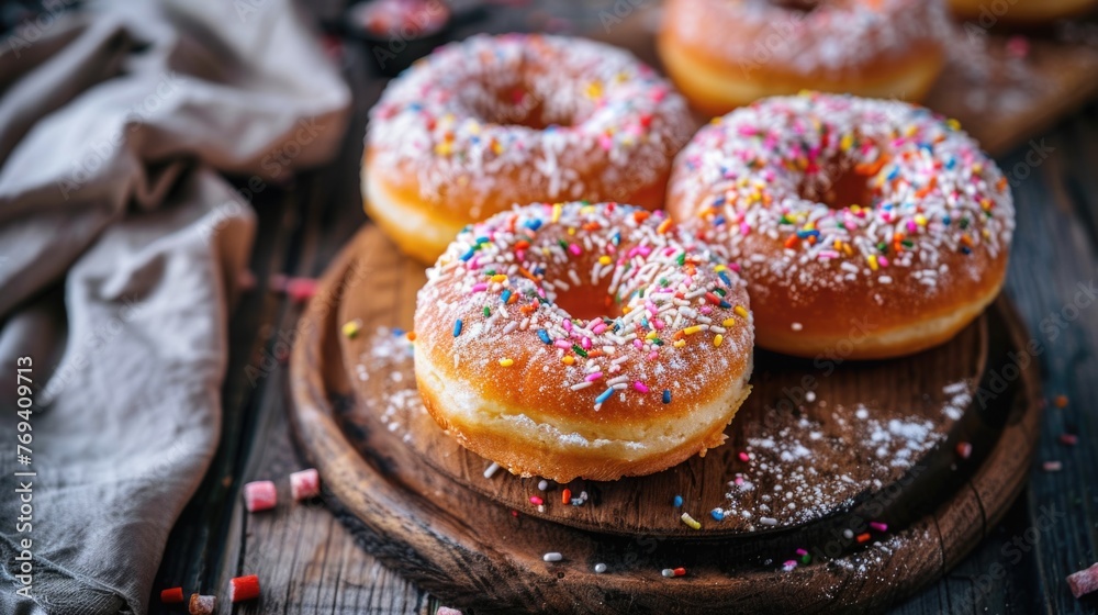Sugar-dusted donuts with colorful sprinkles on a dark wooden board. National Donut (Doughnut) day Sugar-dusted donuts with colorful sprinkles on a dark wooden board. National Donut (Doughnut) day