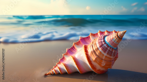 Close-up of conch shell on beach photo