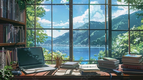 Aesthetics workspace with large window to look a lake view with a beautiful mountain, laptop and books on desk and a big bookcase, anime style background wallpaper photo