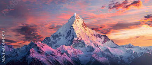 A snowy mountain peak catching the first light of dawn, with the sky above displaying a splendid gradient of colors, all captured in high-definition to emphasize its mesmerizing vibrancy.