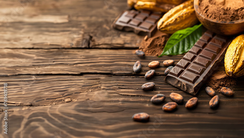 Close-up photo of a brown chocolate bar with nuts, hazelnuts, and cacao beans for a sweet and delicious snack, on old texture wood plank, Ai generative.