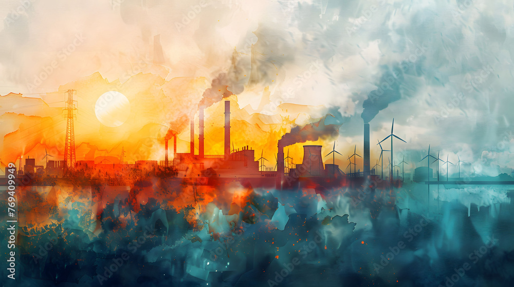Fototapeta premium Watercolor painting that depicts the transition from traditional energy sources to renewable energy and wind turbines in the background. 
