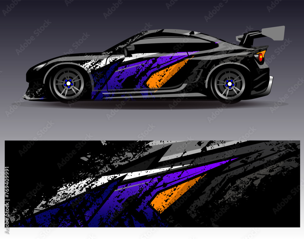 Car wrap design vector.Graphic abstract stripe racing background designs for vehicle, rally, race, adventure and car racing livery - obrazy, fototapety, plakaty 