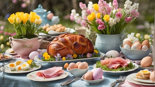 Glazed Ham, Easter eggs, salads, a variety of appetizers, and spring flowers in the garden make for a festive Easter brunch spread. photo