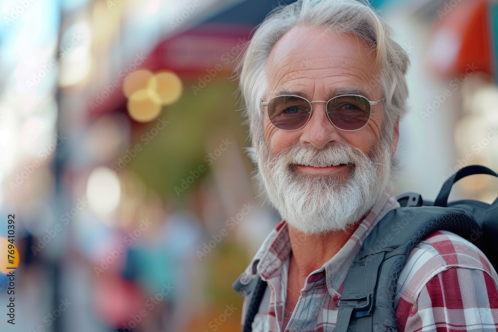 Portrait of a senior traveler with white beard and moustache wearing glasses with a backpack