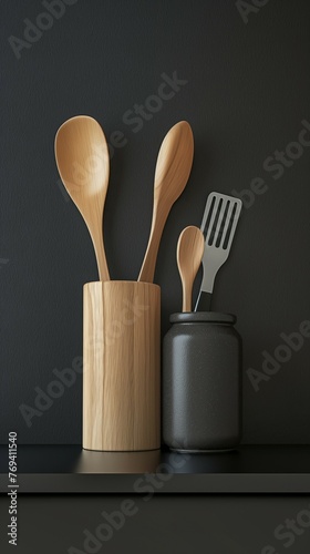 Wooden Kitchen Utensils And Cutting Board On Counter.