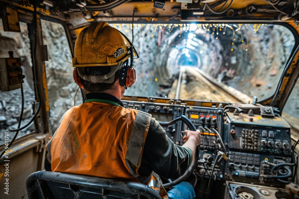 labor driving a bulldozer digging an underground tunnel construction an underground rail