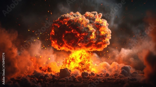 Nuclear explosion mushroom cloud at dusk. Digital art concept.