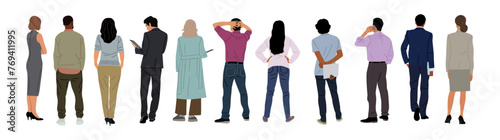 Set of different business people standing rear view. Men, women in casual and formal clothes from behind, turned back. Characters backside. Vector realistic illustrations on transparent background.