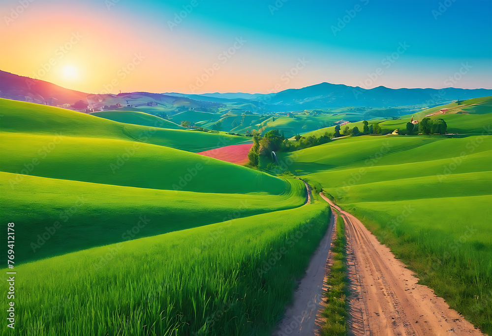 Fototapeta premium beautiful summer fields landscape with a dawn, green hills, bright color blue sky, country background