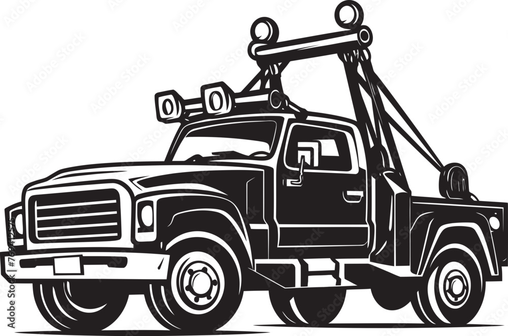 Reliable Recovery Black Emblem on Tow Truck Roadside Relief Tow Truck with Black Vector Icon