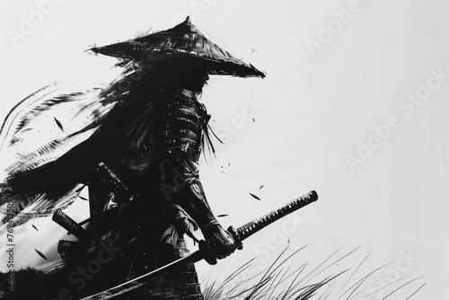 Monochrome Samurai Warrior Ink Illustration. Abstract black and white ink-style illustration of a samurai warrior with a sword, capturing a dynamic and historical essence.