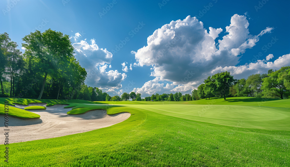 Obraz premium Pristine Golf Course Greens. The serene beauty of a lush green golf course with manicured lawns and sand bunkers, set against a vibrant blue sky dotted with fluffy clouds.