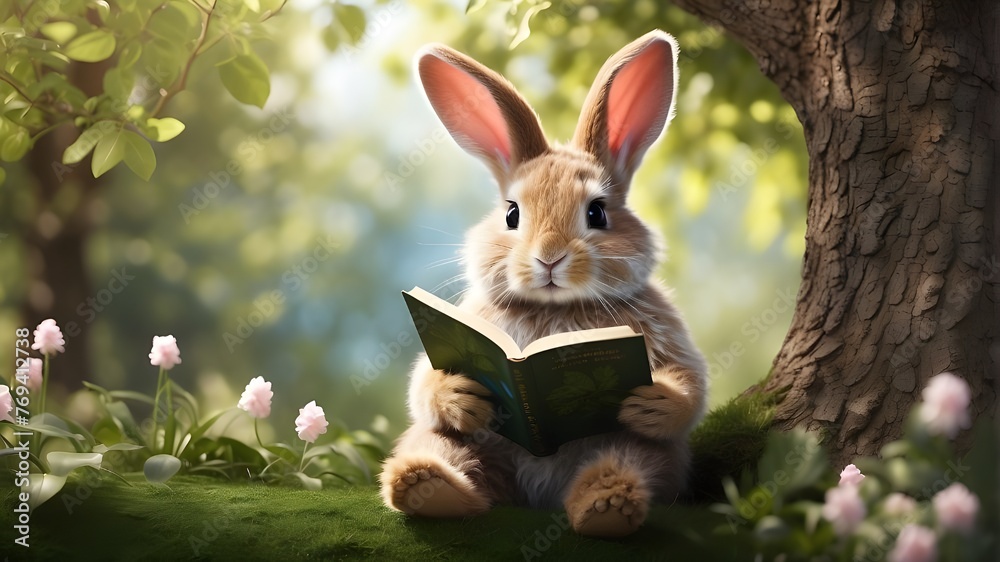 rabbit in the garden reading a book under the tree, "An adorable Easter bunny sitting under a lush tree, engrossed in reading a book. The bunny is depicted with realistic fur and expressive eyes, whil - obrazy, fototapety, plakaty 