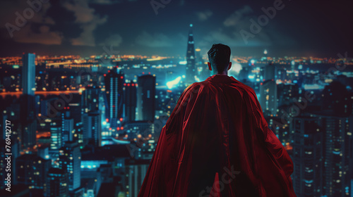 Guardian of the Metropolis: Hero's Watch. A commanding figure in a red cape surveys the city lights from a towering vantage point.
