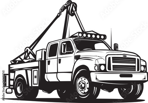 Roadside Relief Black Vector Icon on Tow Truck Emergency Escort Tow Truck featuring Black Emblem