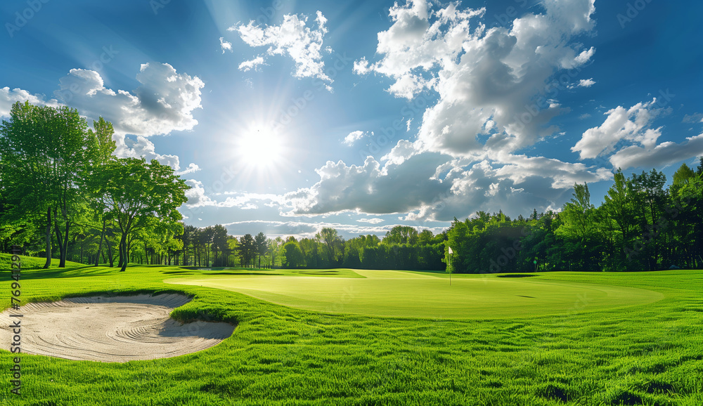 Sunny Day on a Lush Green Golf Course. Bright sunlight casting over a vibrant green golf course with clear blue skies, fluffy clouds, and a serene landscape, inviting a perfect game.
