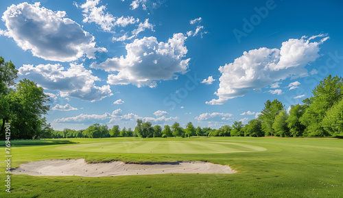 Serene Golf Course on Sunny Day. Wide-angle shot of a tranquil golf course featuring a pristine sand bunker, lush greenery, and a clear blue sky with fluffy clouds.