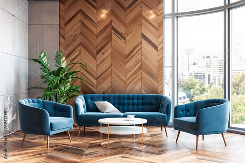 Modern Living Room with Blue Velvet Furniture. An elegant modern living room interior featuring plush blue velvet sofas, a geometric wooden wall, and lush indoor plants by large windows.