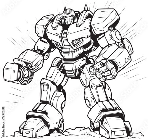 Robotic Resurgence Black Logo Design on Weaponized Robot Cybernetic Innovation Transforming Weapon with Striking Black Vector
