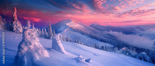 A mountain landscape covered in a blanket of snow, with the colors of the sunrise casting a splendid gradient across the sky, all captured in high-definition to emphasize its mesmerizing vibrancy.