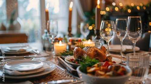 Roasted turkey centerpiece on festive holiday table setting