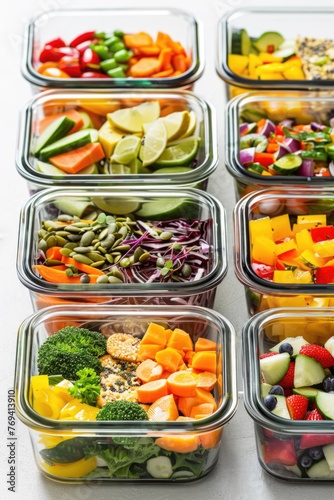Assortment of colorful fresh vegetables and fruits in meal prep containers. photo