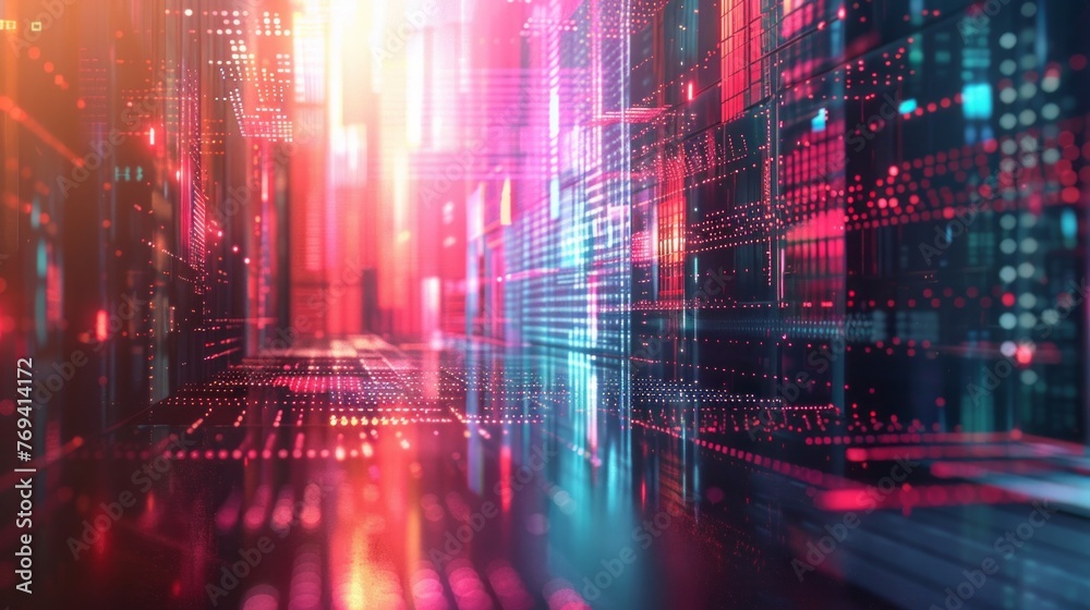 Obraz premium Futuristic tech abstract: vibrant digital world in motion, dynamic colors, cutting-edge design - ideal for tech industry, websites, and presentations