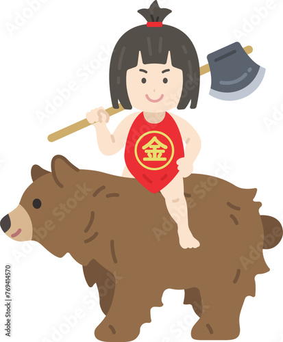 熊に乗って、まさかりかついだ、金太郎のイラスト