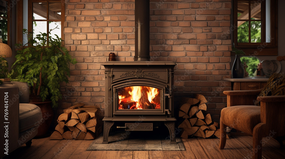 Fototapeta premium Wood Burning Stove in a Brick Fireplace fireplace