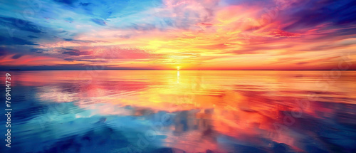 A coastal sunset with the colors of the sky reflecting off the water, forming a splendid gradient of colors on the horizon, captured in high-definition to showcase its mesmerizing vibrancy. photo