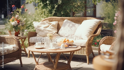 Beige color wicker table and settee on a porch afternoon © BornHappy