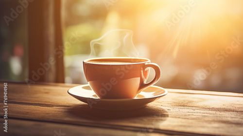 coffee cup on the table with sun color wooden